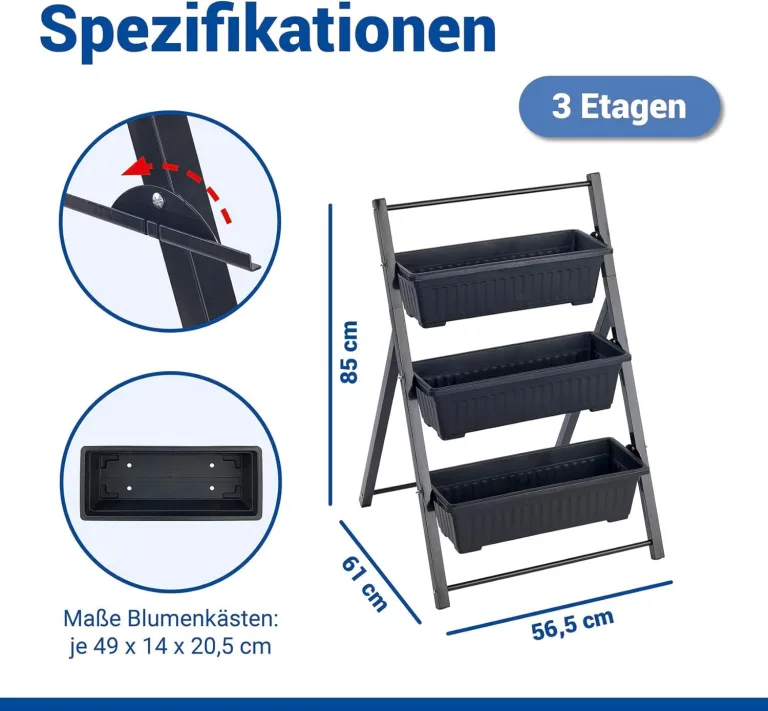 Maximex Vertikales Hochbeet 3 Etagen, mit 3 Pflanzkästen, wetterbeständig, verstellbare Neigung, Drainage, für Balkon und Terrasse, 56,5 x 85 x 61 cm, Metall/Kunststoff – Bild 8