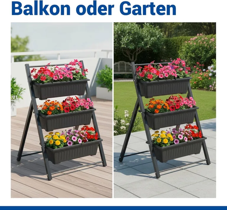 Maximex Vertikales Hochbeet 3 Etagen, mit 3 Pflanzkästen, wetterbeständig, verstellbare Neigung, Drainage, für Balkon und Terrasse, 56,5 x 85 x 61 cm, Metall/Kunststoff – Bild 4