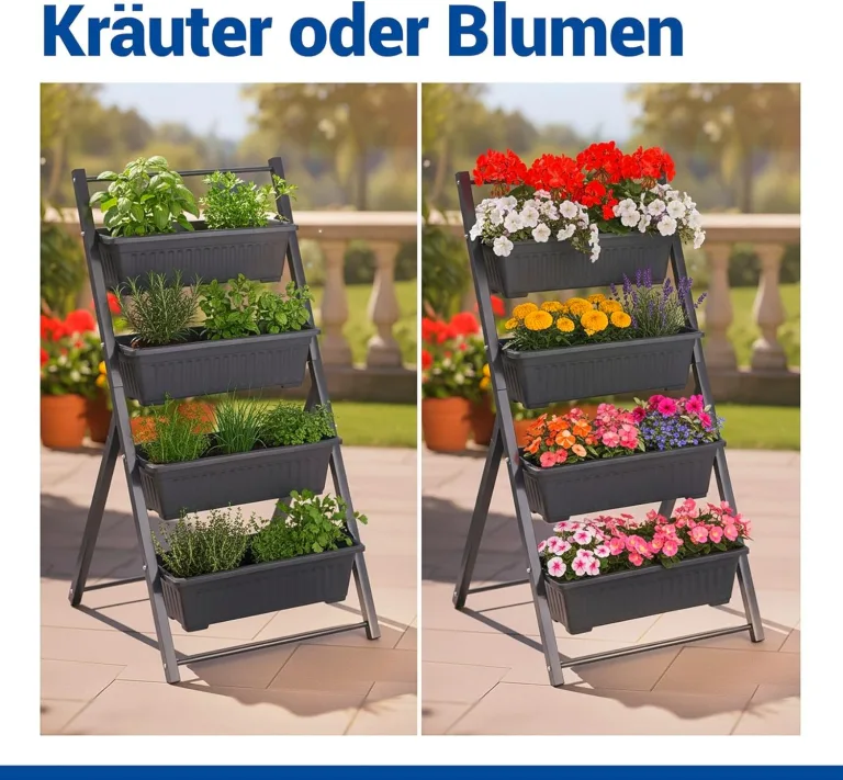 Maximex Vertikales Hochbeet 4 Etagen, mit 4 Pflanzkästen, wetterbeständig, verstellbare Neigung, Drainage, für Balkon und Terrasse, 56,5 x 108 x 62 cm, Metall/Kunststoff – Bild 5