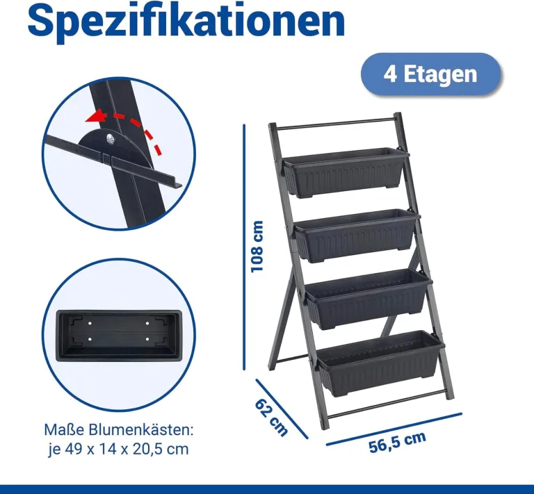 Maximex Vertikales Hochbeet 4 Etagen, mit 4 Pflanzkästen, wetterbeständig, verstellbare Neigung, Drainage, für Balkon und Terrasse, 56,5 x 108 x 62 cm, Metall/Kunststoff – Bild 8
