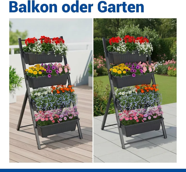 Maximex Vertikales Hochbeet 4 Etagen, mit 4 Pflanzkästen, wetterbeständig, verstellbare Neigung, Drainage, für Balkon und Terrasse, 56,5 x 108 x 62 cm, Metall/Kunststoff – Bild 4