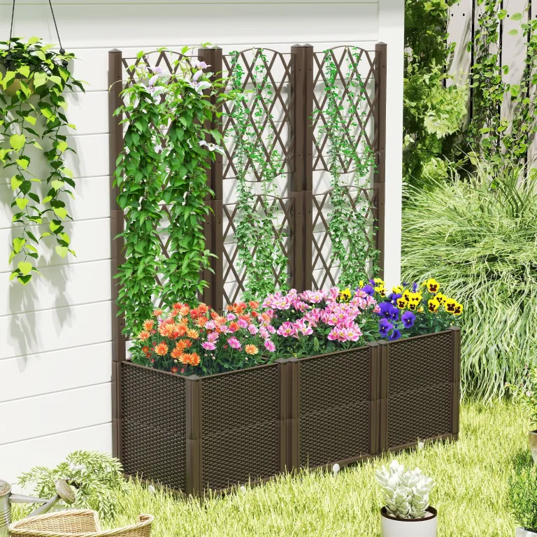 GOPLUS Blumenkasten mit Rankgitter, Hochbeet mit Spalier für Kletterpflanzen & Topfpflanzen, Tiefes Pflanzbeet mit Drainagelöchern für Balkon, Hinterhof & Garten (Braun,40 x 40 x 140 cm) – Bild 6