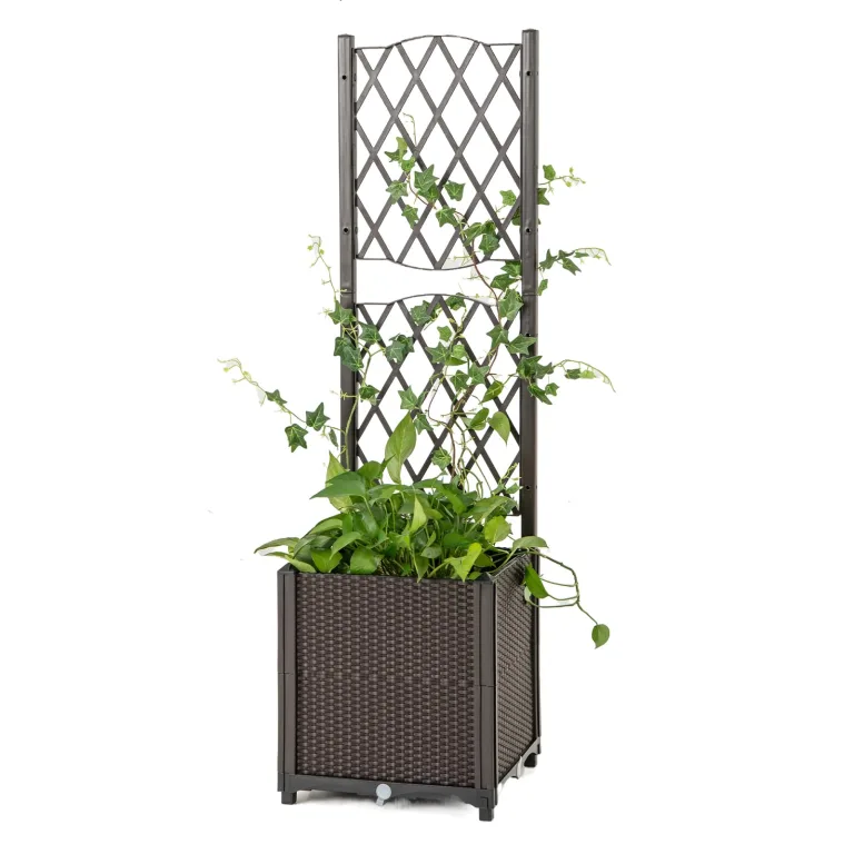 GOPLUS Blumenkasten mit Rankgitter, Hochbeet mit Spalier für Kletterpflanzen & Topfpflanzen, Tiefes Pflanzbeet mit Drainagelöchern für Balkon, Hinterhof & Garten (Braun,40 x 40 x 140 cm) – Bild 1
