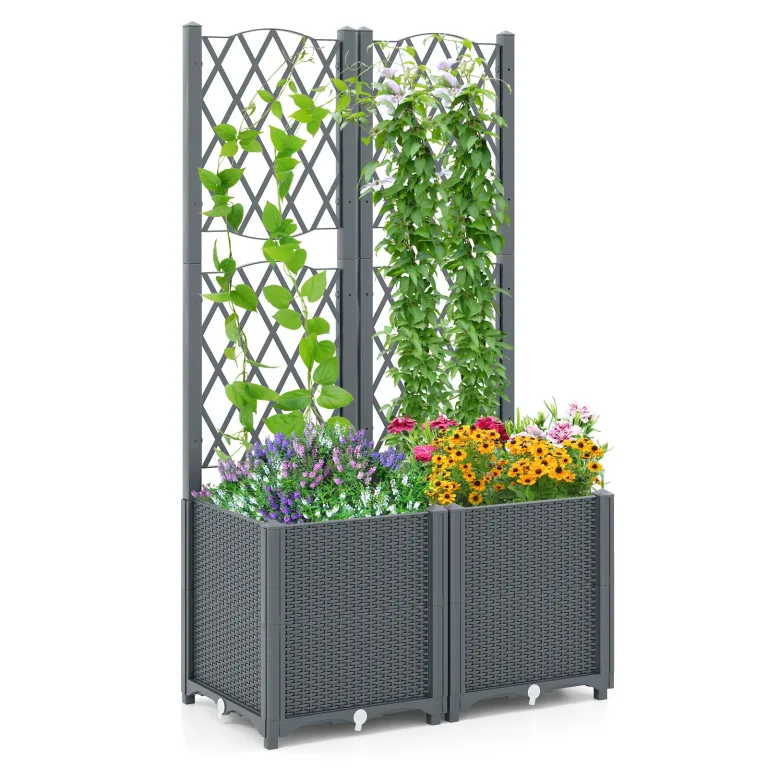 GOPLUS Blumenkasten mit Rankgitter, Hochbeet mit Spalier für Kletterpflanzen & Topfpflanzen, Tiefes Pflanzbeet mit Drainagelöchern für Balkon, Hinterhof & Garten (Braun,80 x 40 x 140 cm) – Bild 10