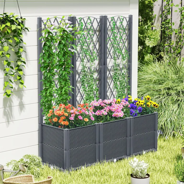 GOPLUS Blumenkasten mit Rankgitter, Hochbeet mit Spalier für Kletterpflanzen & Topfpflanzen, Tiefes Pflanzbeet mit Drainagelöchern für Balkon, Hinterhof & Garten (Grau,40 x 40 x 140 cm) – Bild 6