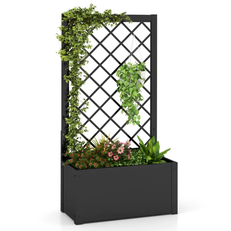 GOPLUS Blumenkasten mit Rankgitter, Hochbeet mit Spalier für Kletterpflanzen & Topfpflanzen, Tiefes Pflanzbeet mit Drainagelöchern für Balkon, Hinterhof & Garten (Grau,40 x 40 x 140 cm) – Bild 7