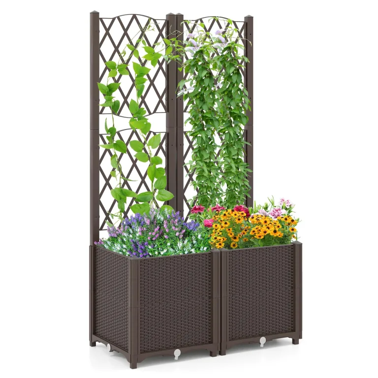 GOPLUS Blumenkasten mit Rankgitter, Hochbeet mit Spalier für Kletterpflanzen & Topfpflanzen, Tiefes Pflanzbeet mit Drainagelöchern für Balkon, Hinterhof & Garten (Grau,40 x 40 x 140 cm) – Bild 9