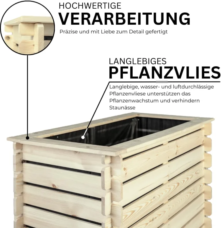 Hochbeet PLANTO 117x59x77 (BxTxH) aus Natürlicher Kiefer, Blumenbeet aus Holz, Wetterfest, Innen- und Außenbereich, Kräuterbeet für Garten, Balkon und Terrasse, Einfaches Stecksystem – Bild 5