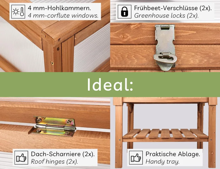 needs&wants® Großes Hochbeet mit Frühbeet-Aufsatz Abdeckung aus Holz für Garten Balkon, Pflanzbeet mit Gewächshaus Frühbeetkasten mit Deckel Dach Haube Ablage Pflanzkasten, 90 x 57 x 112,5 cm, braun – Bild 4