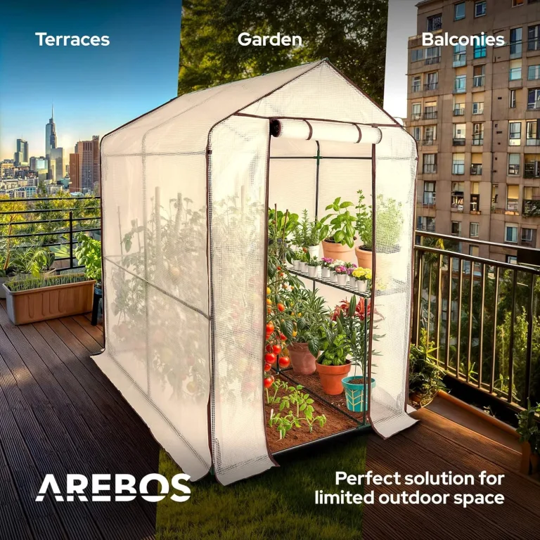 Arebos Premium Foliengewächshaus Gewächshaus mit 2 Ebenen - 120 x 186 x 190 cm Treibhaus mit Ablagen - Platzsparend, Hochwertiges Anzuchthaus Garten Balkon Stabil & Einfach zu Montieren – Bild 3