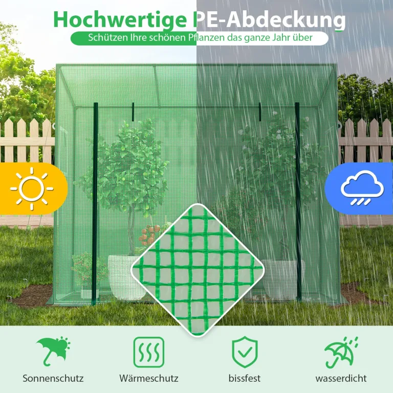 COSTWAY Gewächshaus, Foliengewächshaus mit aufrollbarer Tür & 2 Netzfenstern, Tomatenhaus mit PE-Abdeckung, Treibhaus für Tomaten, Tomatengewächshaus Metallrahmen, Grün, 200x77x169cm – Bild 2