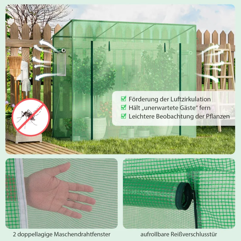 COSTWAY Gewächshaus, Foliengewächshaus mit aufrollbarer Tür & 2 Netzfenstern, Tomatenhaus mit PE-Abdeckung, Treibhaus für Tomaten, Tomatengewächshaus Metallrahmen, Grün, 200x77x169cm – Bild 5