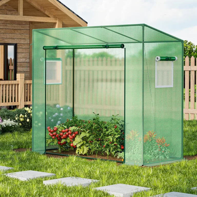 COSTWAY Gewächshaus, Foliengewächshaus mit aufrollbarer Tür & 2 Netzfenstern, Tomatenhaus mit PE-Abdeckung, Treibhaus für Tomaten, Tomatengewächshaus Metallrahmen, Grün, 200x77x169cm – Bild 9