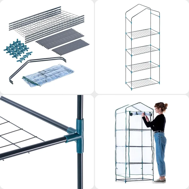 KADAX Gewächshaus mit 4 Ebenen, 68 x 48 x 170 cm, kleines Foliengewächshaus für Balkon, Terrasse & Garten, Balkongewächshaus klein mit PVC-Abdeckung – Bild 5
