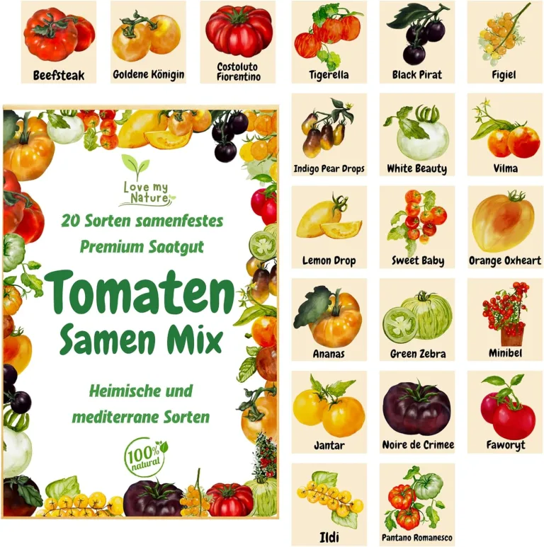 Tomaten Samen Set – 20 Sorten Tomatensamen alte Sorten für Garten, Balkon & Gewächshaus | Love my Nature Saatgut für aromatische Tomatenvielfalt – ideal als Geschenk – Bild 1