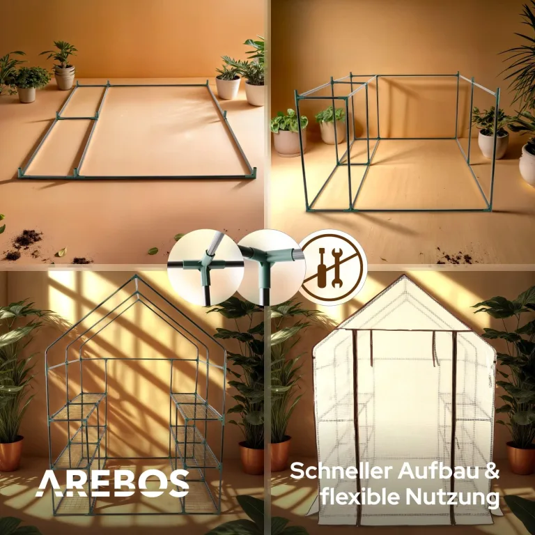 Arebos Premium Foliengewächshaus Gewächshaus mit 3 Ebenen - 143 x 143 x 195 cm Treibhaus mit Ablagen & Ventilationsfenster - Platzsparend, Hochwertiges Anzuchthaus Garten Balkon Stabil – Bild 5