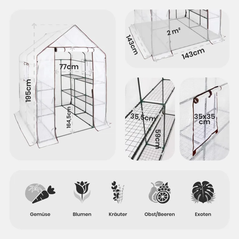 Arebos Premium Foliengewächshaus Gewächshaus mit 3 Ebenen - 143 x 143 x 195 cm Treibhaus mit Ablagen & Ventilationsfenster - Platzsparend, Hochwertiges Anzuchthaus Garten Balkon Stabil – Bild 7