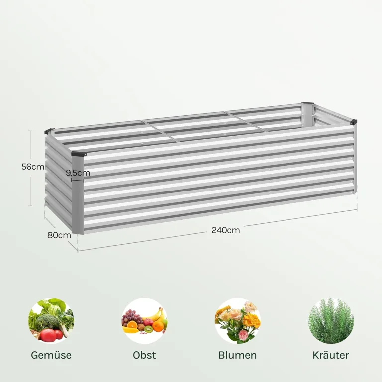 WOLTU Hochbeet für Garten Balkon, Pflanzkübel aus robustem Stahlblech mit stabilem Design, Pflanzkasten, Blumenkasten, 238 x 56 x 80 cm, Silber – Bild 8