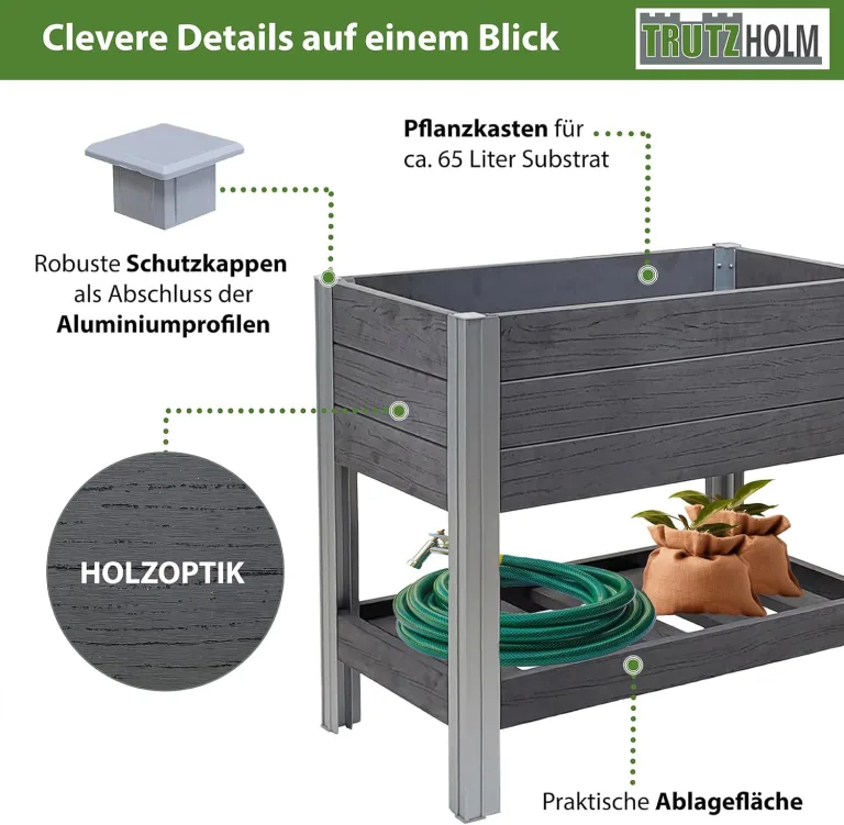 TRUTZHOLM Hochbeet mit Ablage 79x46x74 cm 65 Liter Holzoptik robust witterungsbeständig Kräuterbeet Pflanzkasten Anthrazit – Bild 6
