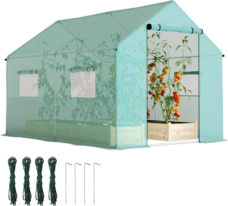 Outsunny Foliengewächshaus, 2 x 3 x 2 m Treibhaus mit UV-Schutz, Winddichtes Gewächshaus, Tomatenhaus mit Rolltür, Rollfenster, Stahl, für Garten, Grün – Bild 1