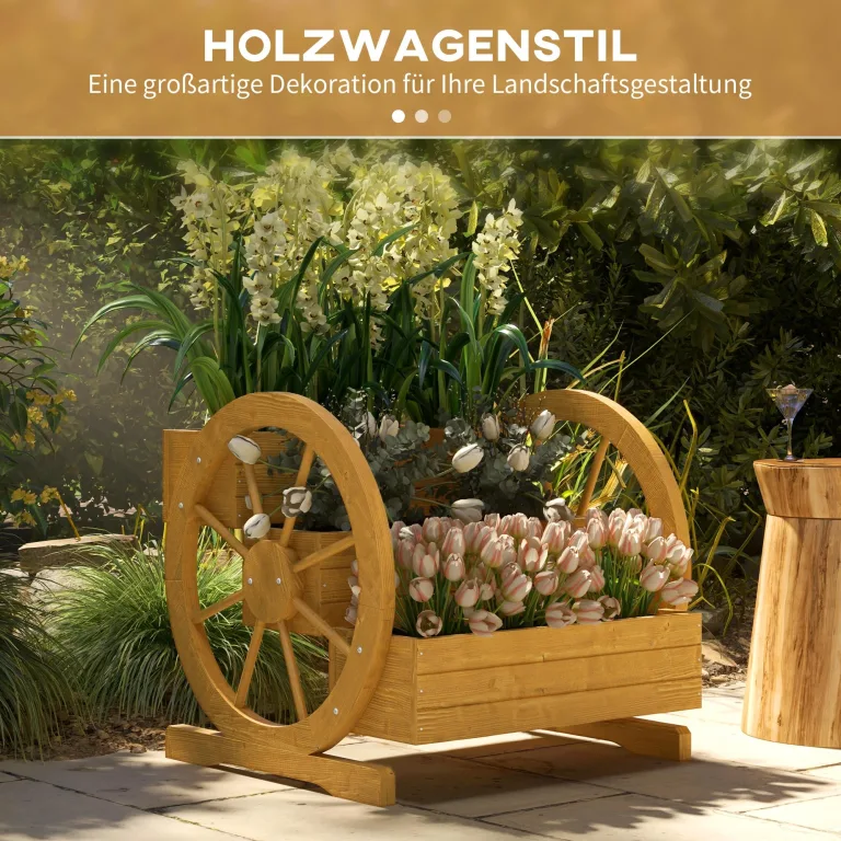 Outsunny Hochbeet aus Holz, Blumenkasten mit 3 Etagen, Gemüsebeet mit Wagenrad-Dekor, Kräuterbeet mit Entwässerungslöchern für Garten, Balkon, Teak, 61 x 62 x 57 cm – Bild 2