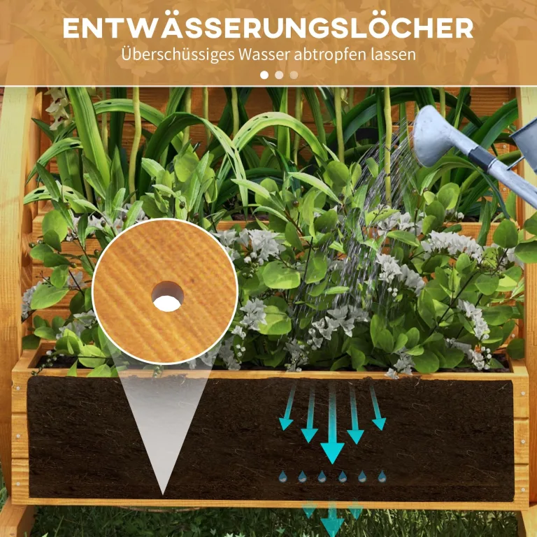 Outsunny Hochbeet aus Holz, Blumenkasten mit 3 Etagen, Gemüsebeet mit Wagenrad-Dekor, Kräuterbeet mit Entwässerungslöchern für Garten, Balkon, Teak, 61 x 62 x 57 cm – Bild 3