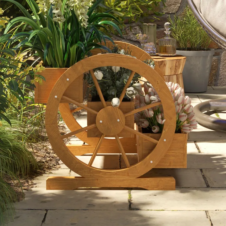 Outsunny Hochbeet aus Holz, Blumenkasten mit 3 Etagen, Gemüsebeet mit Wagenrad-Dekor, Kräuterbeet mit Entwässerungslöchern für Garten, Balkon, Teak, 61 x 62 x 57 cm – Bild 5