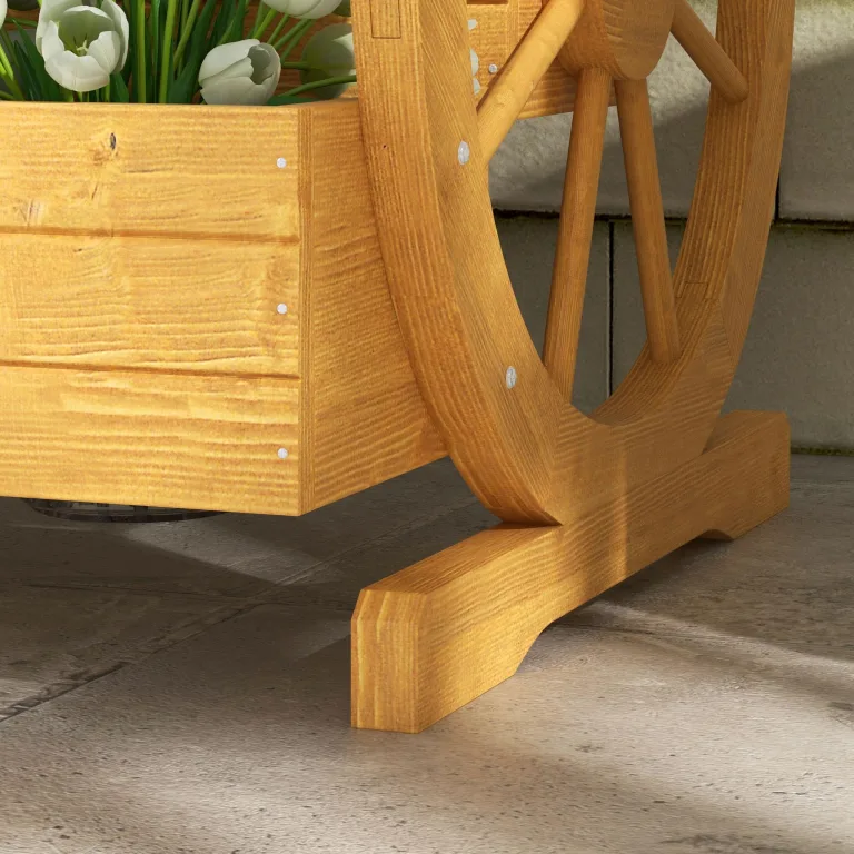 Outsunny Hochbeet aus Holz, Blumenkasten mit 3 Etagen, Gemüsebeet mit Wagenrad-Dekor, Kräuterbeet mit Entwässerungslöchern für Garten, Balkon, Teak, 61 x 62 x 57 cm – Bild 8