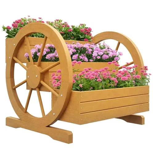 Outsunny Hochbeet aus Holz, Blumenkasten mit 3 Etagen, Gemüsebeet mit Wagenrad-Dekor, Kräuterbeet mit Entwässerungslöchern für Garten, Balkon, Teak, 61 x 62 x 57 cm – Bild 10