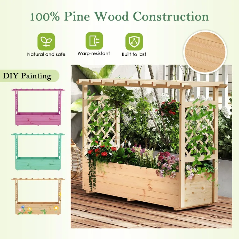 HOMASIS Blumenkasten mit 2 Rankgitter & Dachregal, Hochbeet mit Spalier, Holz Pflanzkasten für Kletterpflanz, Pflanzkübel Pflanzgefäß Rankhilfe für Garten Balkon Terrasse (Natur, 150x50x104cm) – Bild 6
