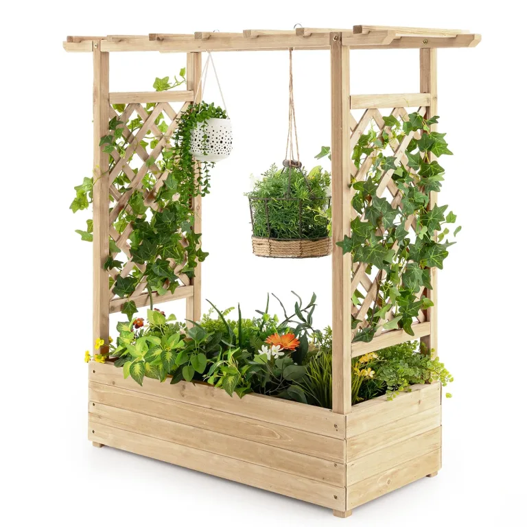 HOMASIS Blumenkasten mit 2 Rankgitter & Dachregal, Hochbeet mit Spalier, Holz Pflanzkasten für Kletterpflanz, Pflanzkübel Pflanzgefäß Rankhilfe für Garten Balkon Terrasse (Natur, 150x50x104cm) – Bild 8