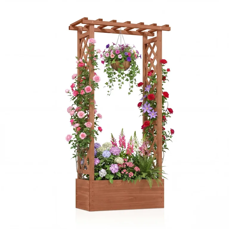 HOMASIS Blumenkasten mit 2 Rankgitter & Dachregal, Hochbeet mit Spalier, Holz Pflanzkasten für Kletterpflanz, Pflanzkübel Pflanzgefäß Rankhilfe für Garten Balkon Terrasse (Natur, 150x50x104cm) – Bild 9