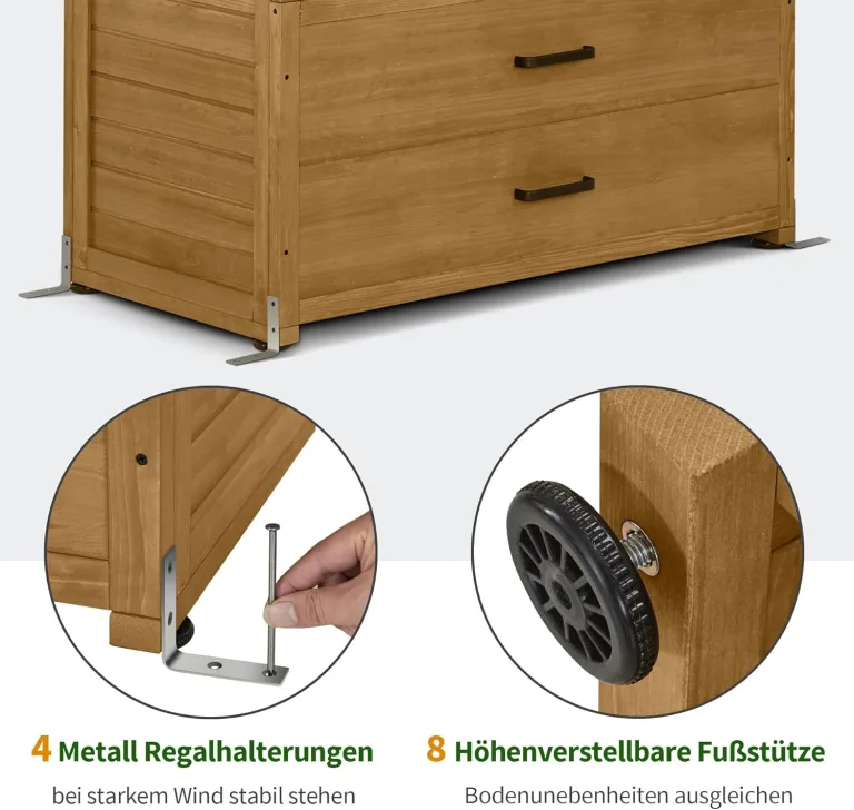 M MCombo Gartenschrank Gartenhaus Holz Wetterfest, Geräteschrank Gerätehaus Outdoor, für Außenbereich Balkon Terrasse, Gartenhütte mit 2 Bewegliche Regale, 58×107×180 cm, 1155 (Natur) – Bild 7