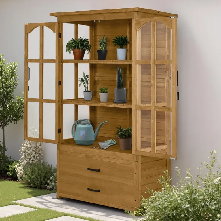 M MCombo Gartenschrank Gartenhaus Holz Wetterfest, Geräteschrank Gerätehaus Outdoor, für Außenbereich Balkon Terrasse, Gartenhütte mit 2 Bewegliche Regale, 58×107×180 cm, 1155 (Natur) – Bild 2