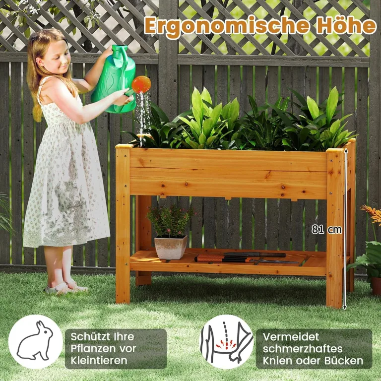 COSTWAY Hochbeet mit Ablage, Erhöhtes Gartenbeet aus Holz, Pflanzkasten mit Entwässerungslöchern, Gemüsebeet Kräuterbeet groß, für Balkon Garten Terrasse, 120 x 60 x 81 cm (Braun) – Bild 2