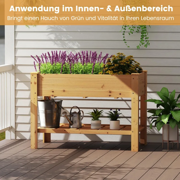 COSTWAY Hochbeet mit Ablage, Erhöhtes Gartenbeet aus Holz, Pflanzkasten mit Entwässerungslöchern, Gemüsebeet Kräuterbeet groß, für Balkon Garten Terrasse, 120 x 60 x 81 cm (Natur) – Bild 3