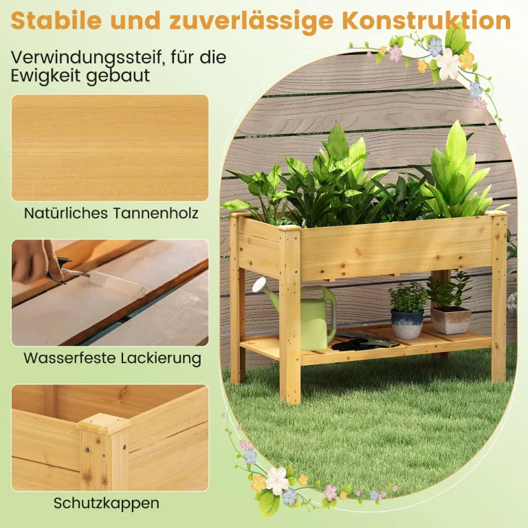 COSTWAY Hochbeet mit Ablage, Erhöhtes Gartenbeet aus Holz, Pflanzkasten mit Entwässerungslöchern, Gemüsebeet Kräuterbeet groß, für Balkon Garten Terrasse, 120 x 60 x 81 cm (Natur) – Bild 4