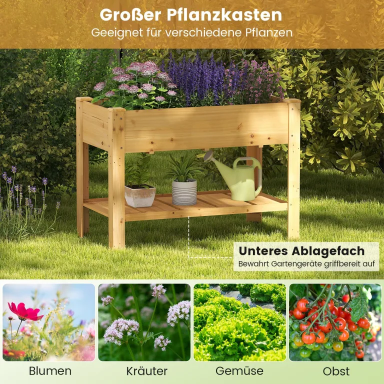 COSTWAY Hochbeet mit Ablage, Erhöhtes Gartenbeet aus Holz, Pflanzkasten mit Entwässerungslöchern, Gemüsebeet Kräuterbeet groß, für Balkon Garten Terrasse, 120 x 60 x 81 cm (Natur) – Bild 7