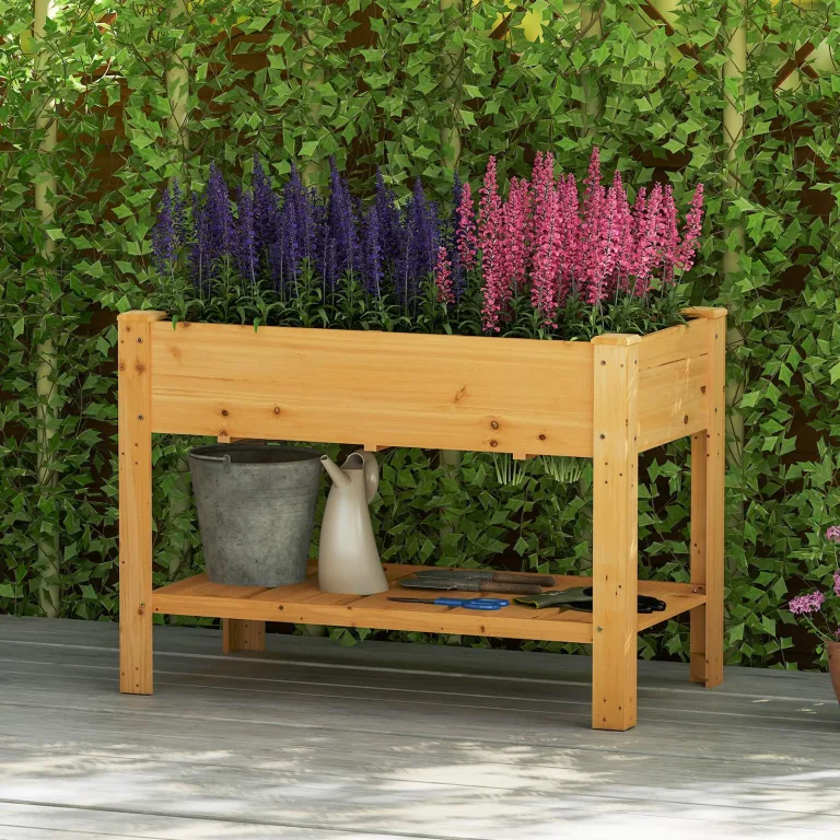 COSTWAY Hochbeet mit Ablage, Erhöhtes Gartenbeet aus Holz, Pflanzkasten mit Entwässerungslöchern, Gemüsebeet Kräuterbeet groß, für Balkon Garten Terrasse, 120 x 60 x 81 cm (Natur) – Bild 8