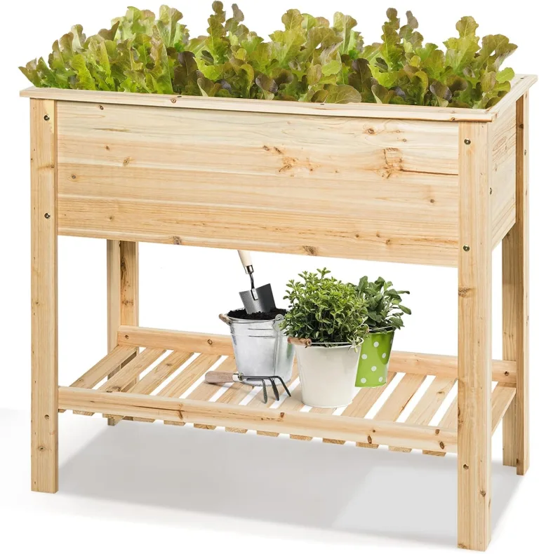 COSTWAY Hochbeet mit Ablage, Erhöhtes Gartenbeet aus Holz, Pflanzkasten mit Entwässerungslöchern, Gemüsebeet Kräuterbeet groß, für Balkon Garten Terrasse, 120 x 60 x 81 cm (Natur) – Bild 10