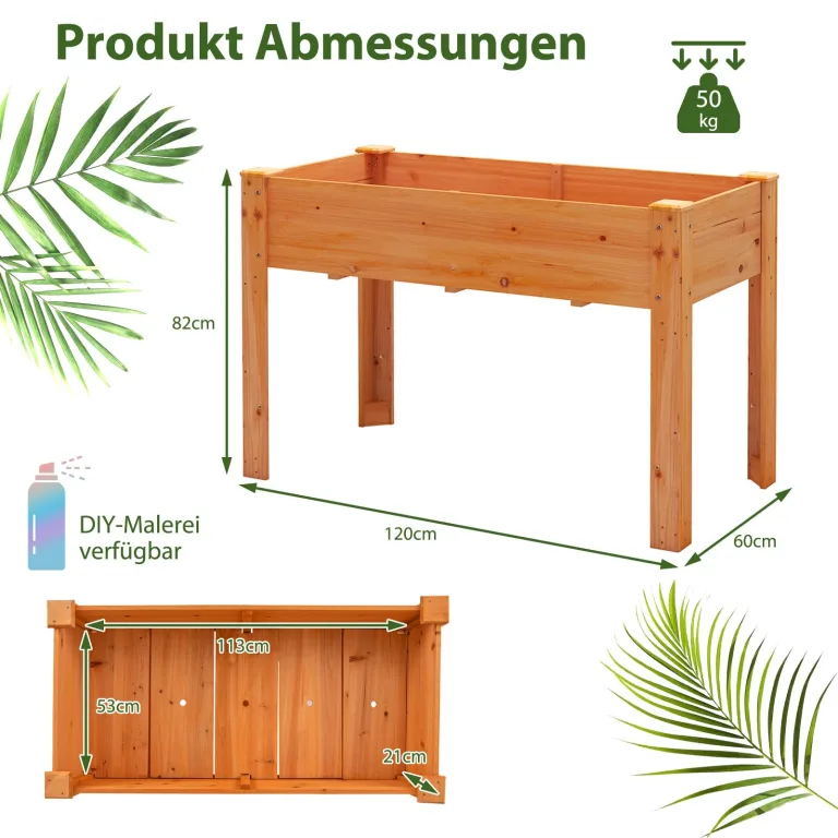 COSTWAY Hochbeet Holz, Erhöhtes Gartenbeet, Pflanzkasten mit Drainagelöchern, Gemüsebeet Pflanzbeet rechteckig, Kräuterbeet groß, Pflanztrog für Balkon Garten Terrasse, 120 x 60 x 82 cm (Braun) – Bild 6