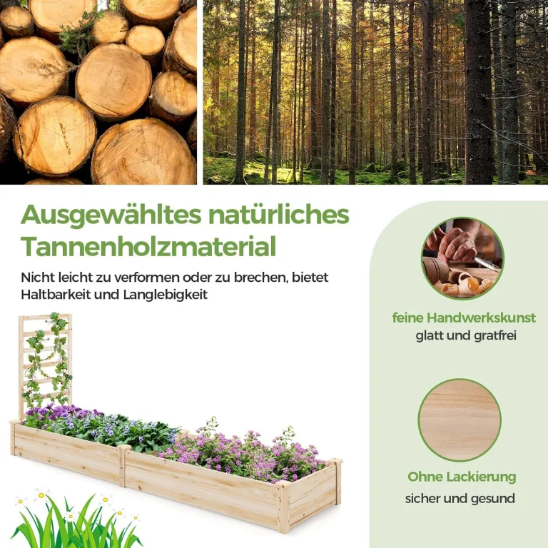 FANTASK Hochbeet mit Rankgitter, Blumenkasten mit Spalier, Pflanzkasten aus Tannenholz, Gartenspalier mit Rankkasten, Natur (235x63x102 cm) – Bild 2