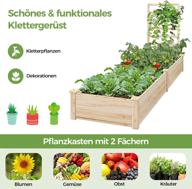 FANTASK Hochbeet mit Rankgitter, Blumenkasten mit Spalier, Pflanzkasten aus Tannenholz, Gartenspalier mit Rankkasten, Natur (235x63x102 cm) – Bild 4
