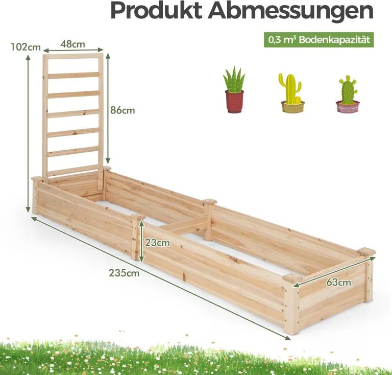 FANTASK Hochbeet mit Rankgitter, Blumenkasten mit Spalier, Pflanzkasten aus Tannenholz, Gartenspalier mit Rankkasten, Natur (235x63x102 cm) – Bild 5