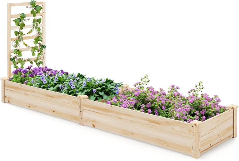 FANTASK Hochbeet mit Rankgitter, Blumenkasten mit Spalier, Pflanzkasten aus Tannenholz, Gartenspalier mit Rankkasten, Natur (235x63x102 cm) – Bild 1