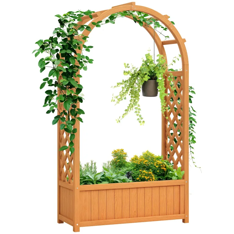 Outsunny Hochbeet Pflanzkasten mit Rankgitter, Gebogendach Spalier Pflanzkübel Holz, Gartenspalier 83x36x145cm für Garten Balkon Terrasse, Blumenkübel für Kletterpflanzen Korbpflanzen, Blumen – Bild 1