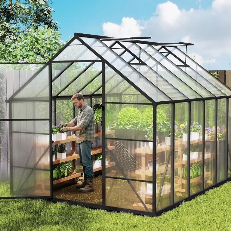 Gewächshaus Aluminium Treibhaus mit Transparent PC Platten Dachfenster & Tür & Fundament 310x250x205cm Winterfest Gartengewächshäuser Begehbares Pflanzenhaus für Garten Outdoor – Bild 8