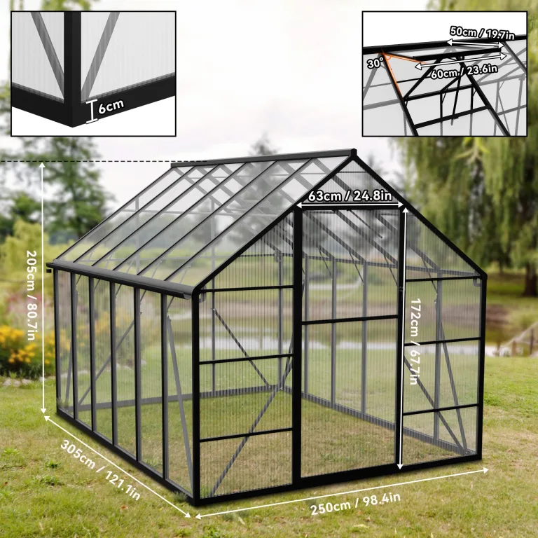 YRHome Premium Gewächshaus Aluminium 310x250x205cm 7.75m² Begehbares Garten-Gewächshaus mit verstärktem Fundament & Dachfenster & Tür Wetterfest & temperaturbeständig für Tomaten, Gemüse & Pflanzen – Bild 2