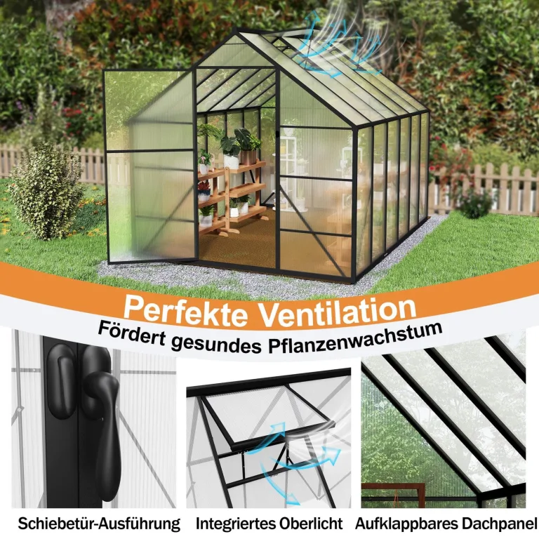 YRHome Premium Gewächshaus Aluminium 310x250x205cm 7.75m² Begehbares Garten-Gewächshaus mit verstärktem Fundament & Dachfenster & Tür Wetterfest & temperaturbeständig für Tomaten, Gemüse & Pflanzen – Bild 6
