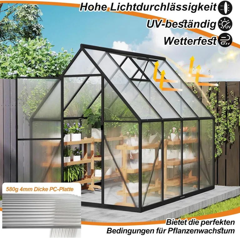 Premium Gewächshaus Aluminium 230x180x195cm 4.14m² Begehbares Garten-Gewächshaus mit verstärktem Fundament & Dachfenster & Tür Wetterfest & temperaturbeständig für Tomaten, Gemüse & Pflanzen – Bild 5
